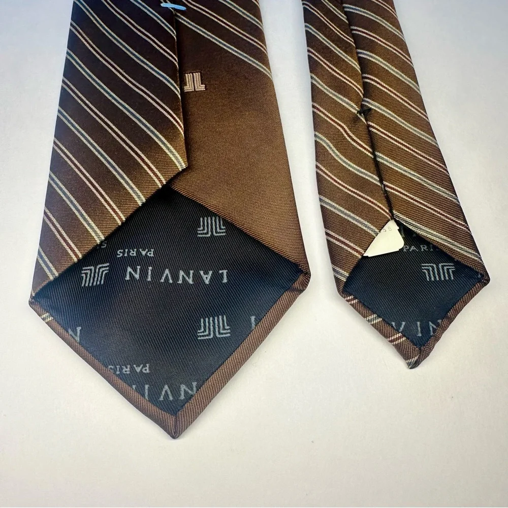 NWT x Vintage LANVIN Striped Brown Classic 95% Silk Tie, 3”